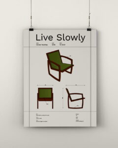 Affiche graphique Live Slowly — chaise à bascule artisan menuisier Genève