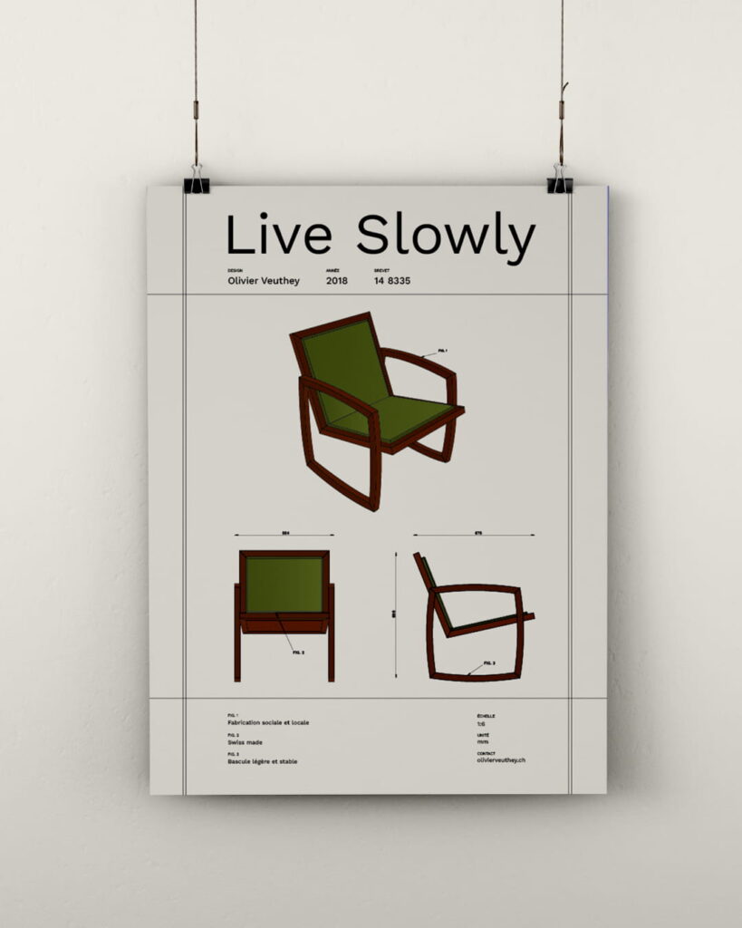 Affiche graphique Live Slowly — chaise à bascule artisan menuisier Genève